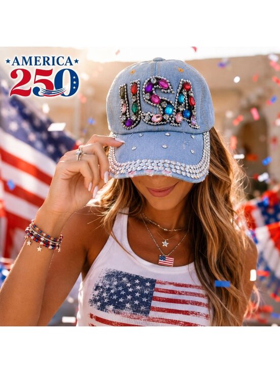 USA Dopamine Rhinestone Baseball Cap Denim Patriotic Glam Hat America 250 Festiv main image 9